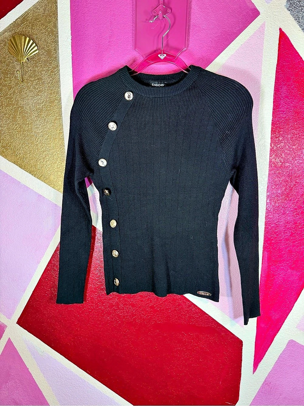 bebe Black Ribbed Sweater Asymmetric Gold Crest Buttons Logo Plate XL Juniors